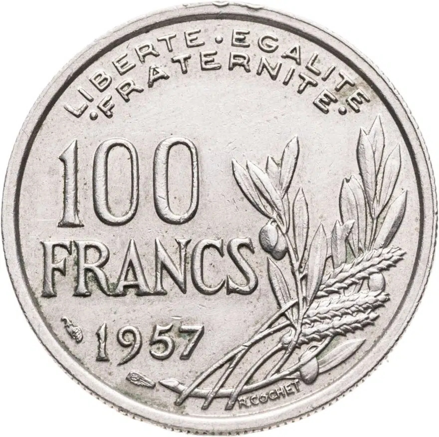 Франция 100 франков (francs) 1957   Без отметки монетного двора "B", реверс