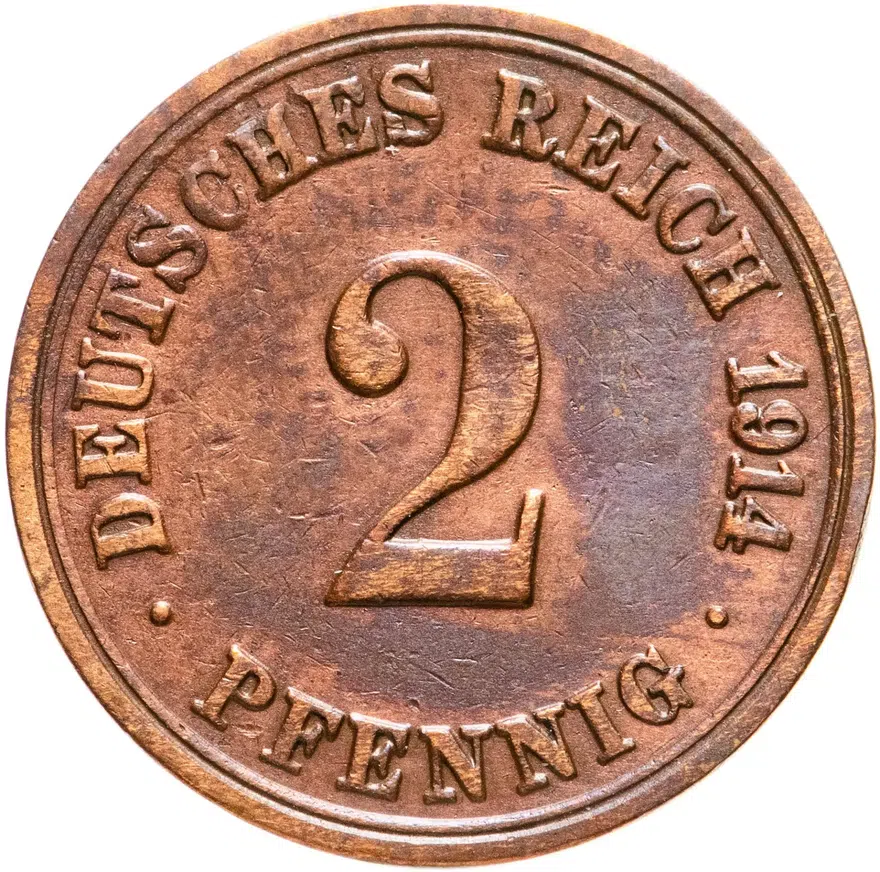 Германия 2 пфеннига (pfennig) 1914 A  знак монетного двора: "A" - Берлин, аверс