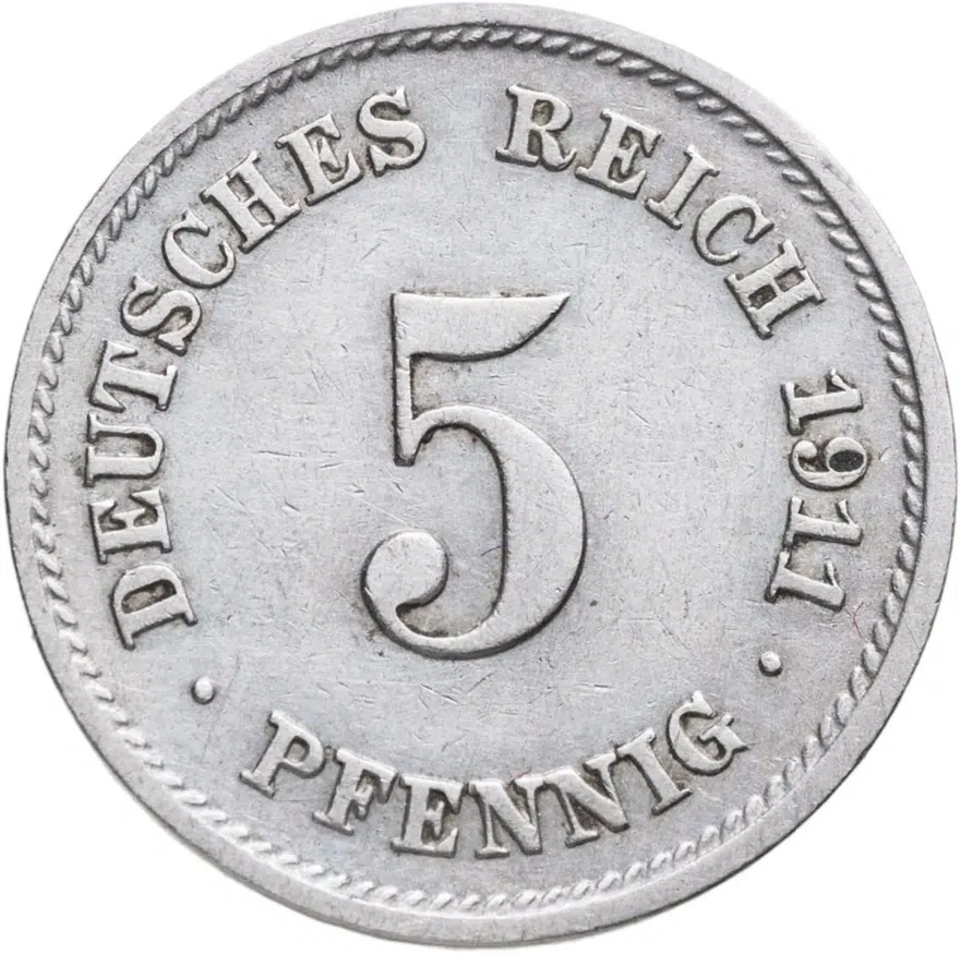 Германия 5 пфеннигов (pfennig) 1911 F  знак монетного двора: "F" - Штутгарт, аверс