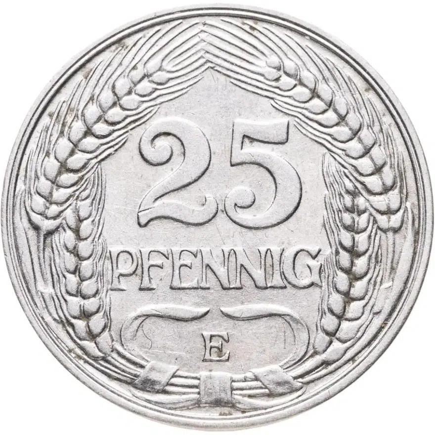 Германия 25 пфеннигов (pfennig) 1909 E  знак монетного двора: "E" - Мульденхюттен