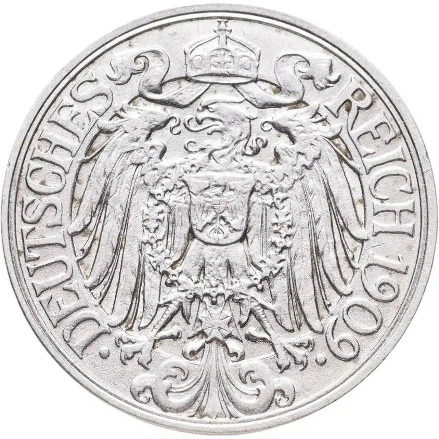 Германия 25 пфеннигов (pfennig) 1909 E  знак монетного двора: "E" - Мульденхюттен, реверс