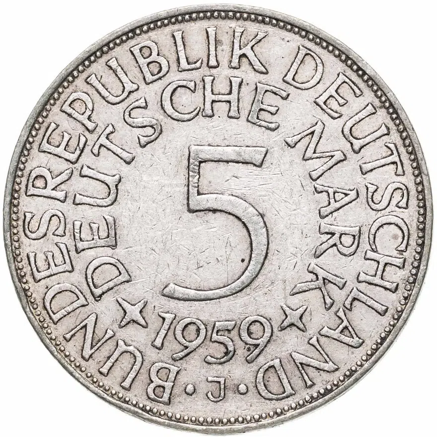 Германия 5 марок (deutsche mark) 1959 J  знак монетного двора: "J" - Гамбург