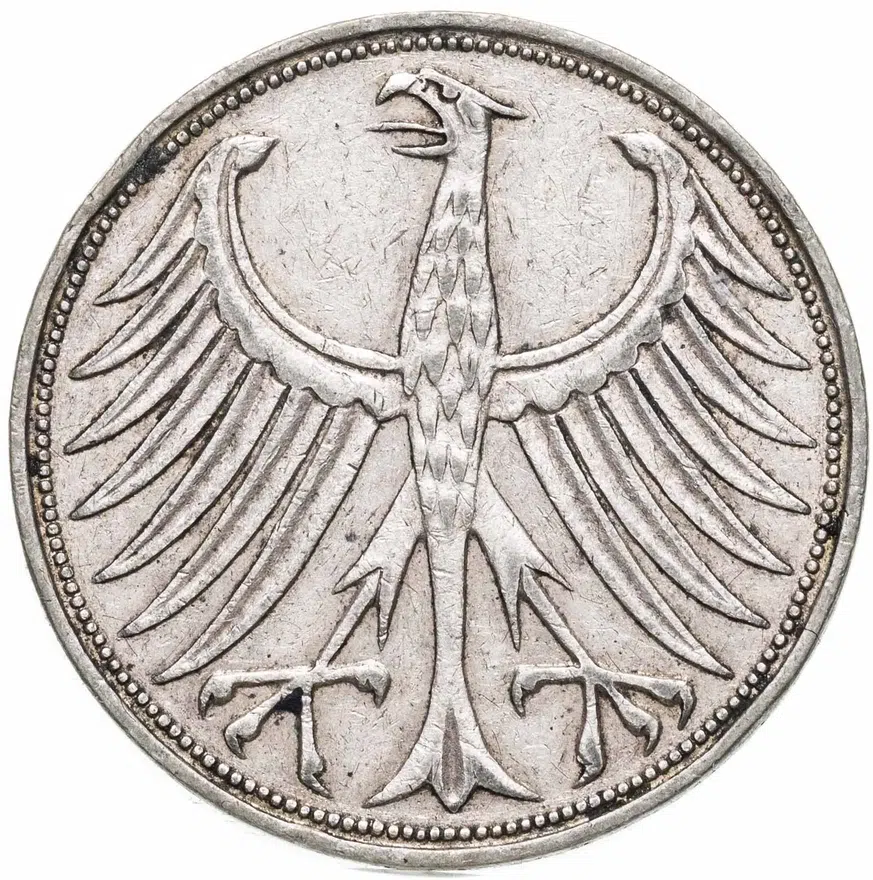 Германия 5 марок (deutsche mark) 1959 J  знак монетного двора: "J" - Гамбург, реверс