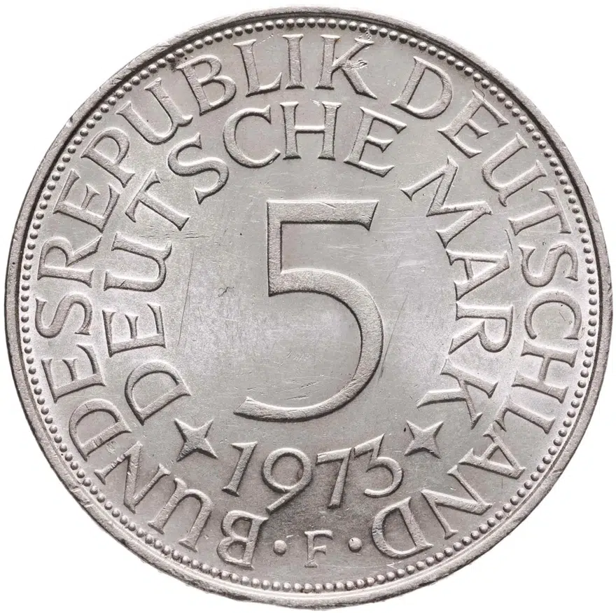 Германия 5 марок 1973 F знак монетного двора: "F" - Штутгарт, реверс