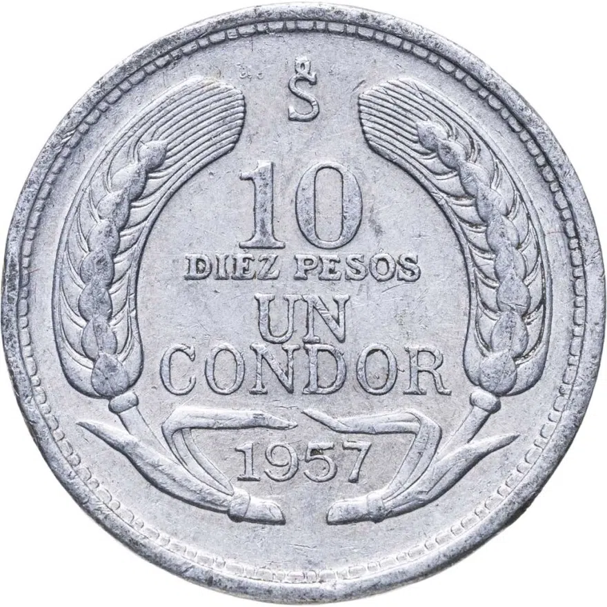 Чили 10 песо (pesos) 1957, аверс