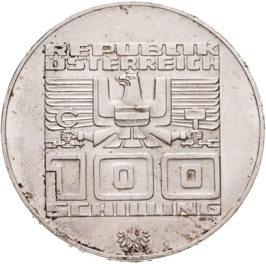 Австрия 100 шиллингов (shillings) 1976 Орёл XII зимние Олимпийские Игры, Инсбрук 1976 знак монетного двора: "Орёл" - Халль-ин-Тироль, реверс