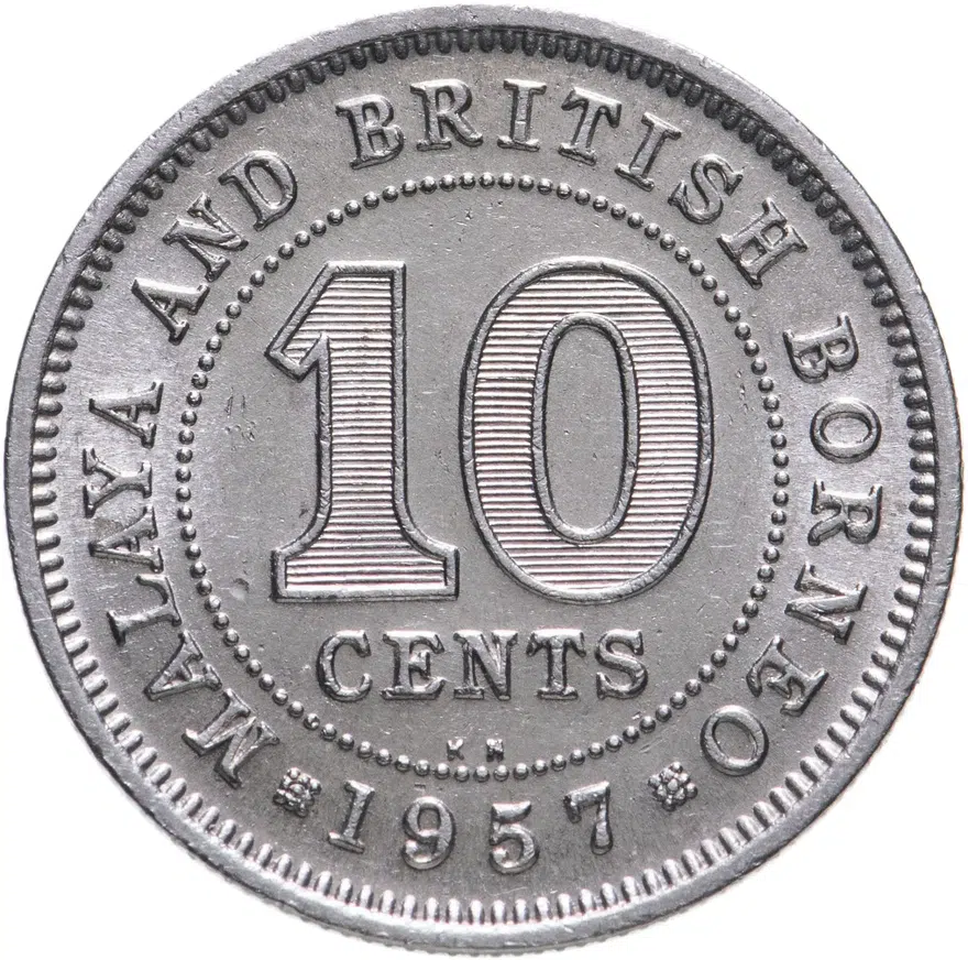Малайя и Британское Борнео 10 центов (cents) 1957 KN знак монетного двора "KN" - Кингз Нортон, Бирмингем