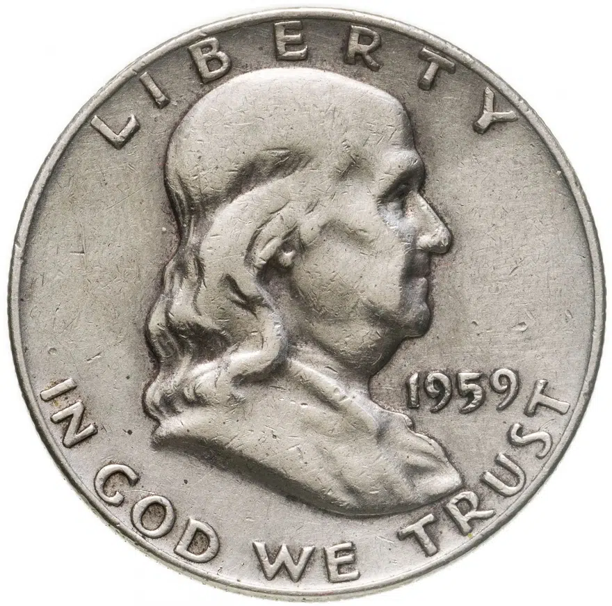 США 50 центов (1/2 доллара, half dollar) 1959 D Franklin Half Dollar знак монетного двора: "D" - Денвер