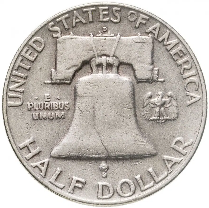 США 50 центов (1/2 доллара, half dollar) 1959 D Franklin Half Dollar знак монетного двора: "D" - Денвер, реверс