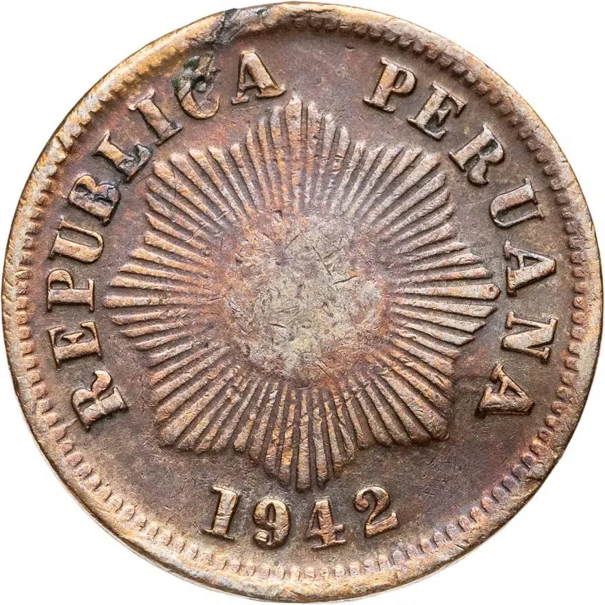 Перу 1 сентаво (centavo) 1942 Изогнутый номинал