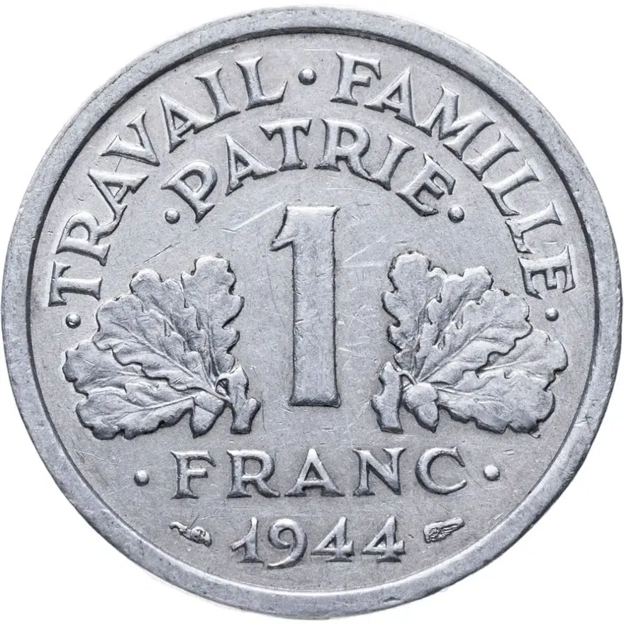 Франция 1 франк (franc) 1944 В ÉTAT FRANÇAIS знак монетного двора: "B" - Бомон-ле-Роже, аверс