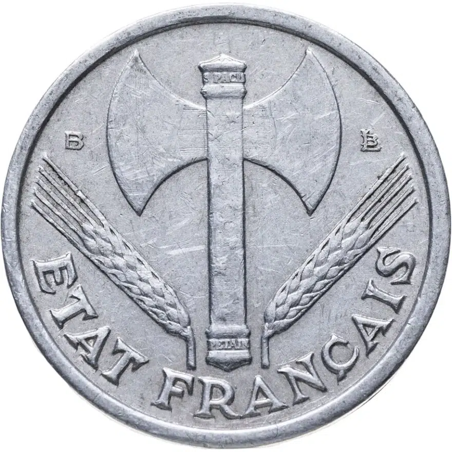 Франция 1 франк (franc) 1944 В ÉTAT FRANÇAIS знак монетного двора: "B" - Бомон-ле-Роже, реверс
