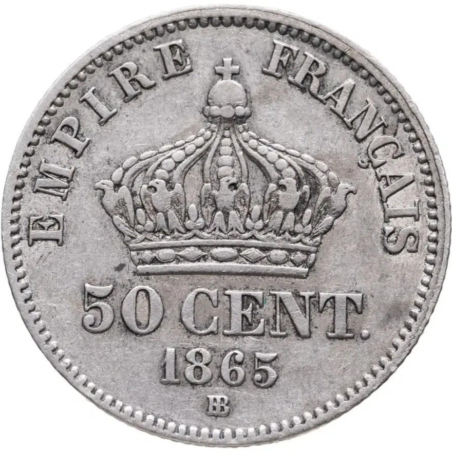Франция 50 сантимов (centimes) 1865 BB  знак монетного двора: "BB" - Страсбург, реверс