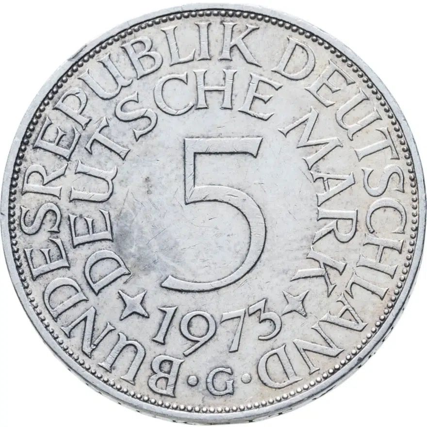 Германия 5 марок (deutsche mark) 1973 G  знак монетного двора: "G" - Карлсруэ, реверс
