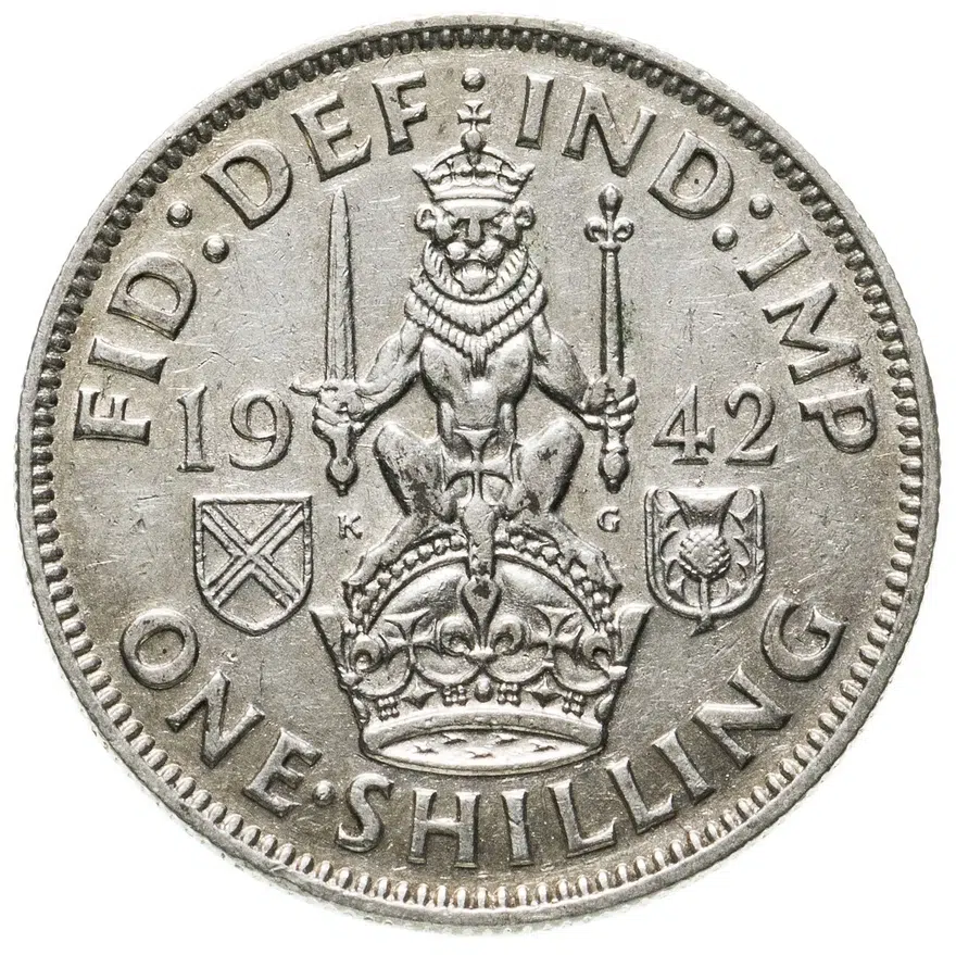 Великобритания 1 шиллинг (shilling) 1942 Шотландский шиллинг - лев, сидящий на короне, аверс