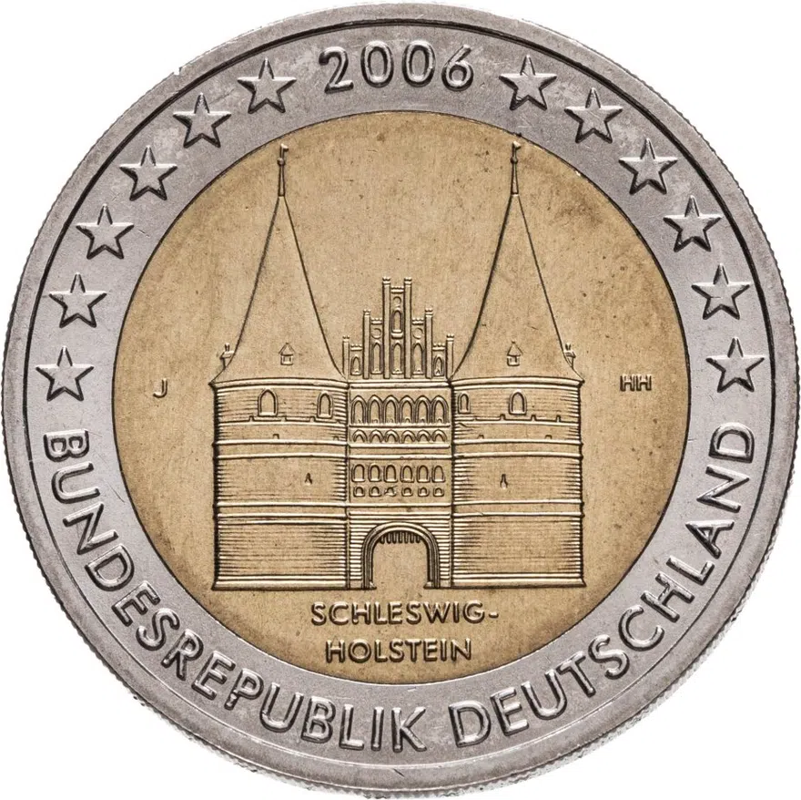 Германия 2 евро (euro) 2006 Федеральные земли Германии: Шлезвиг-Гольштейн - Голштинские ворота в Любеке, знак монетного двора "J" - Гамбург