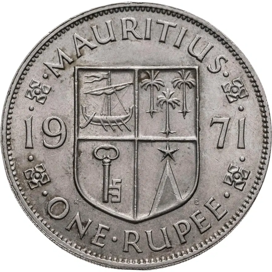 Маврикий 1 рупия (rupee) 1971   С жёлобом на гурте, аверс