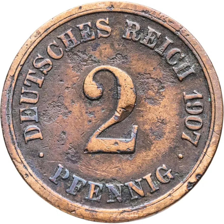 Германия 2 пфеннига (pfennig) 1907 F  знак монетного двора: "F" - Штутгарт, аверс