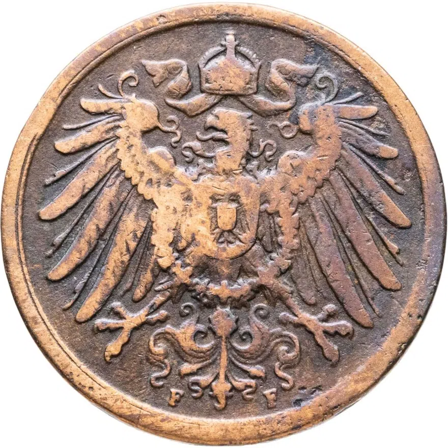 Германия 2 пфеннига (pfennig) 1907 F  знак монетного двора: "F" - Штутгарт, реверс