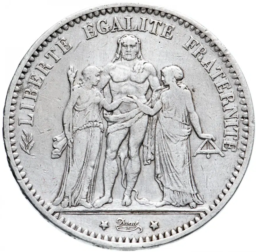 Франция 5 франков (francs) 1874 Геркулес, знак монетного двора: "К" - Бордо, аверс