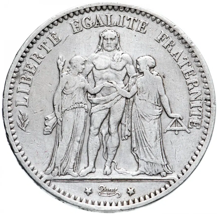 Франция 5 франков (francs) 1874 Геркулес, знак монетного двора: "К" - Бордо, реверс