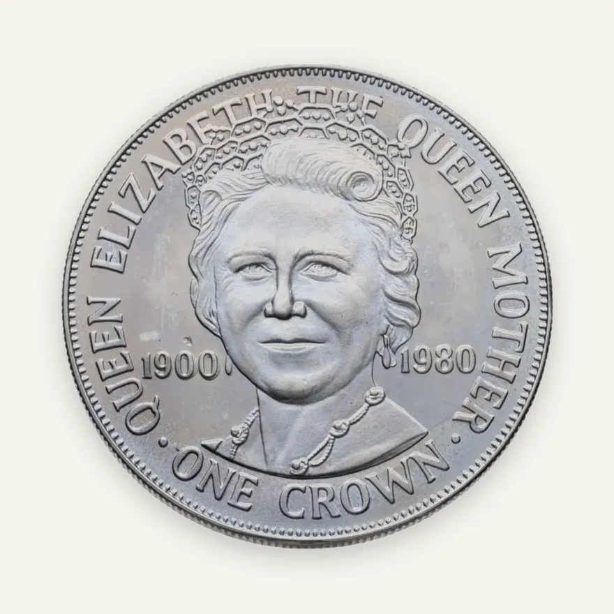 Остров Мэн 1 крона (crown) 1980  80 лет со дня рождения Королевы Матери, в конверте с маркой