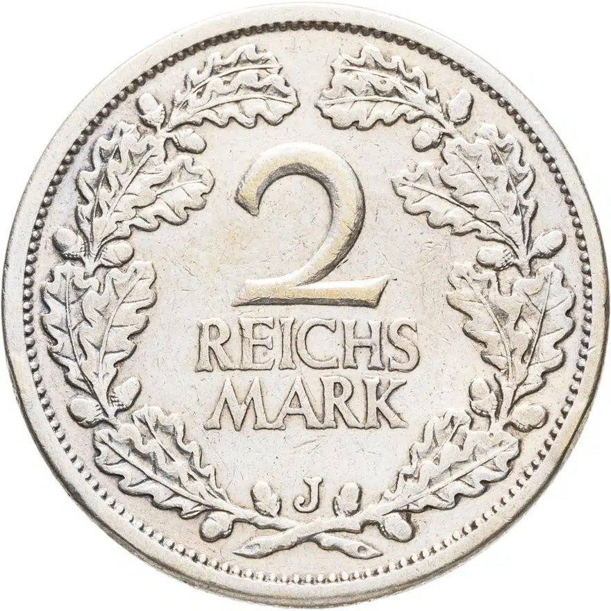 Германия 2 рейхсмарки (reichsmark) 1926 J  знак монетного двора "J" — Гамбург