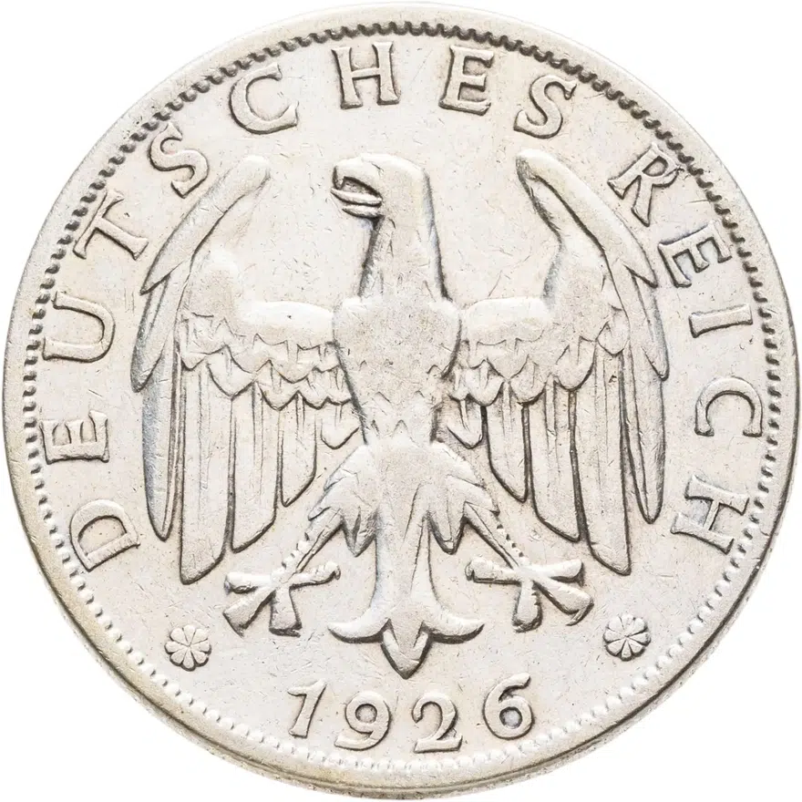 Германия 2 рейхсмарки (reichsmark) 1926 J  знак монетного двора "J" — Гамбург, реверс