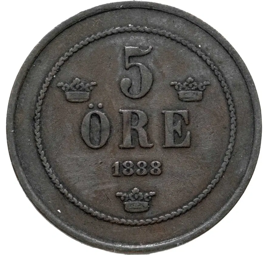 Швеция 5 эре (ore) 1888  Мелкий шрифт надписи