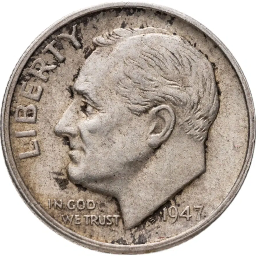 США 10 центов 1947 Silver Roosevelt Dime. Отметка монетного двора: "S" - Сан-Франциско, аверс
