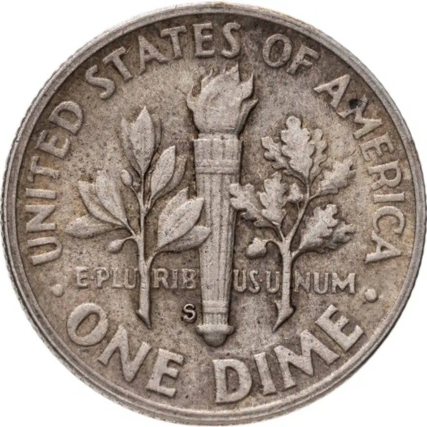 США 10 центов 1947 Silver Roosevelt Dime. Отметка монетного двора: "S" - Сан-Франциско, реверс