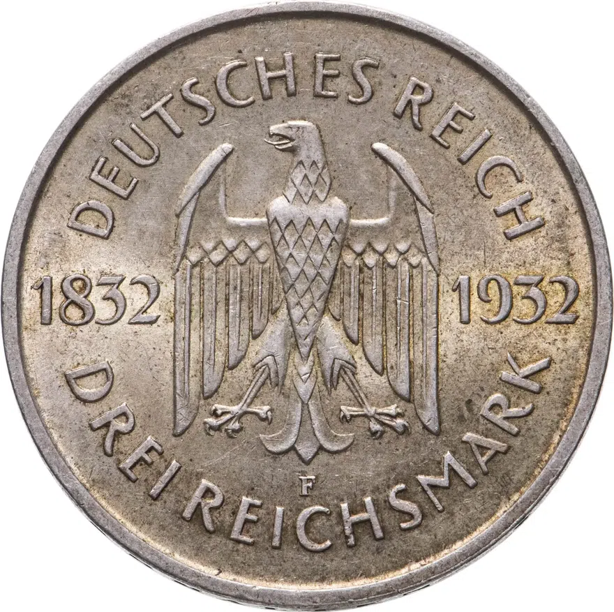 Германия 3 рейхсмарки (reichsmark) 1932 F 100 лет со дня смерти Гёте знак монетного двора "F" — Штутгарт, реверс