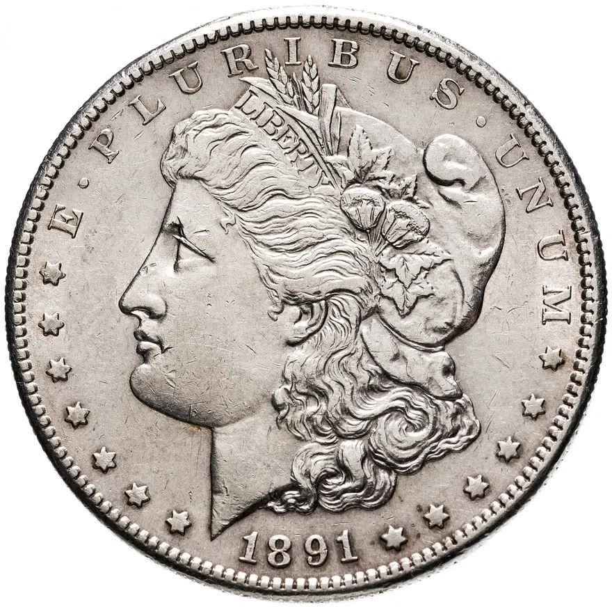 США 1 доллар (dollar) 1891 S Доллар Моргана знак монетного двора: "S" - Сан-Франциско, аверс