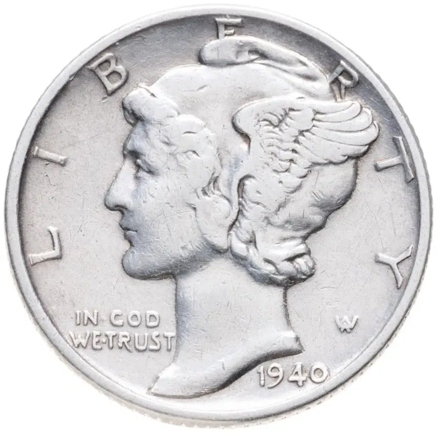 США 10 центов (дайм, one dime) 1940 "Mercury Dime (дайм «Меркурий»)" без обозначения монетного двора, аверс
