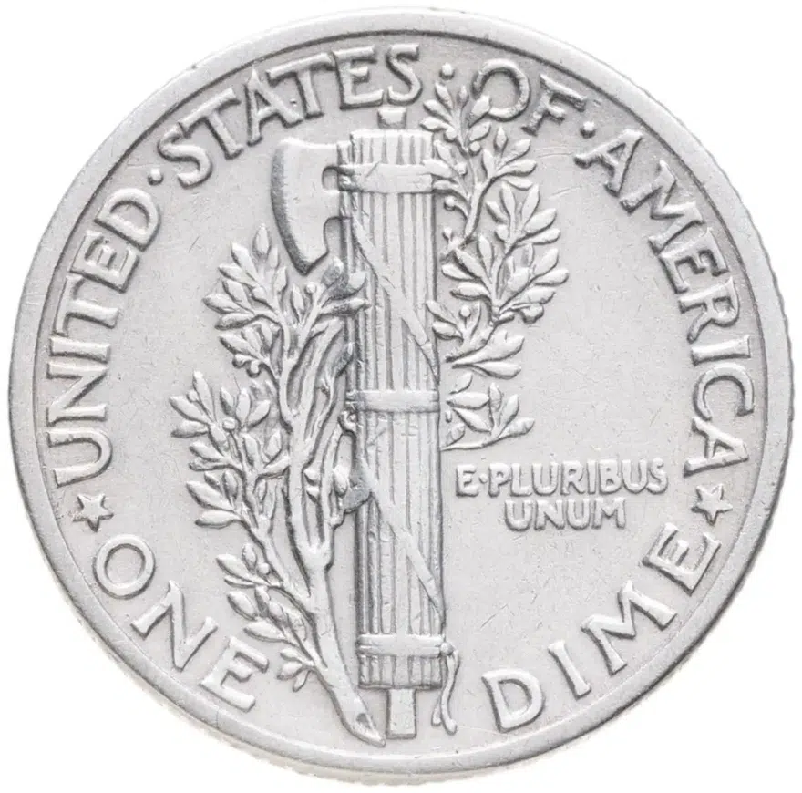 США 10 центов (дайм, one dime) 1940 "Mercury Dime (дайм «Меркурий»)" без обозначения монетного двора, реверс