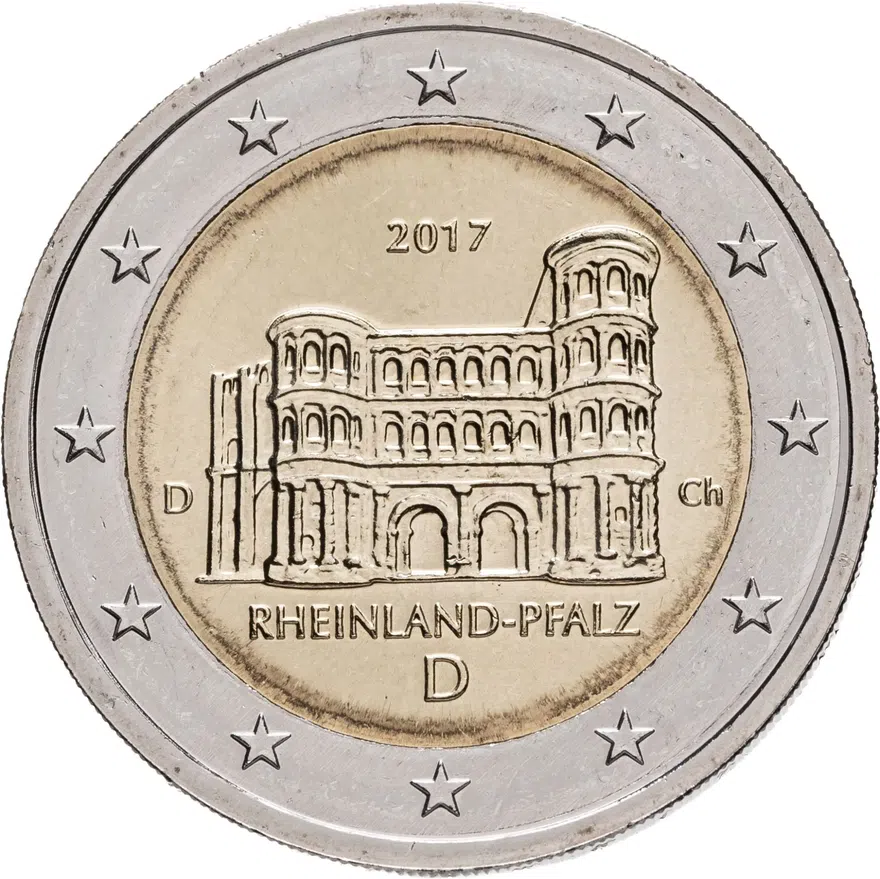 Германия 2 евро (euro) 2017 Федеральные земли: Рейнланд-Пфальц - Порта Нигра, знак монетного двора "D" - Мюнхен, аверс
