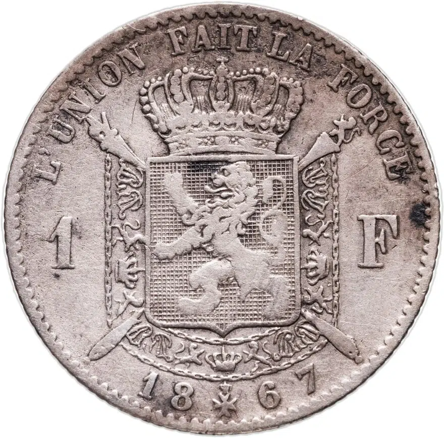 Бельгия 1 франк (franc) 1867   надпись на французском - "DES BELGES", реверс