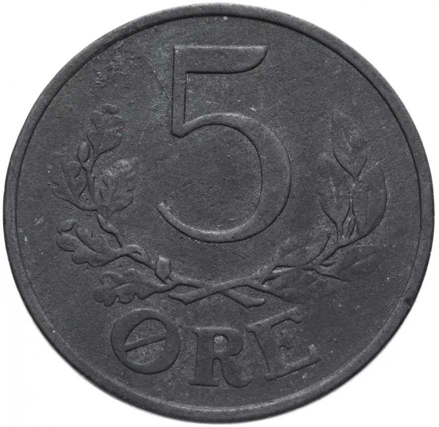 Дания 5 эре (ore) 1945, реверс