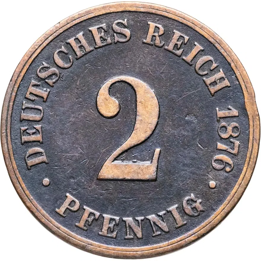 Германия 2 пфеннига (pfennig) 1876 B  знак монетного двора: "B" - Ганновер, аверс