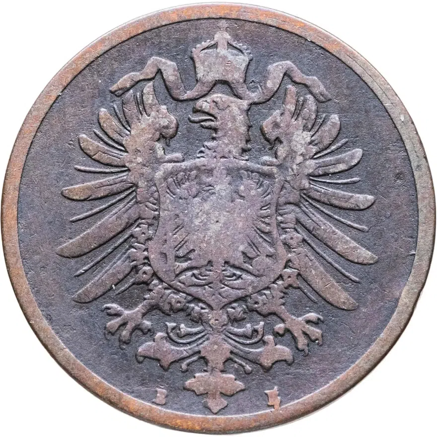 Германия 2 пфеннига (pfennig) 1876 B  знак монетного двора: "B" - Ганновер, реверс