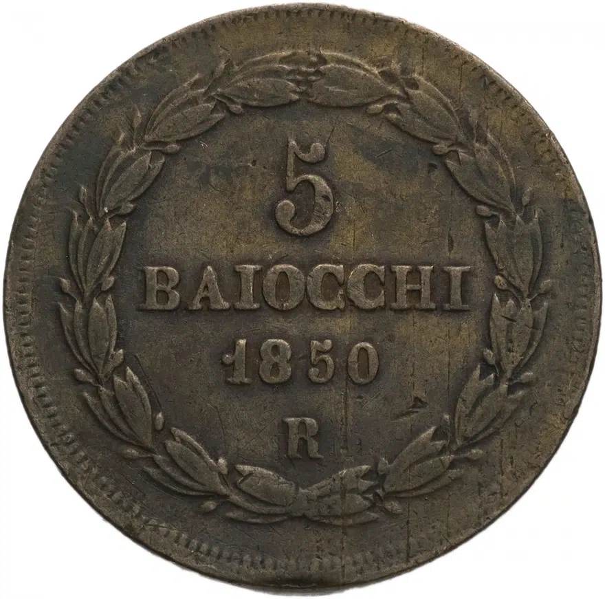 Папская область 5 байокко (baiocchi) 1850 Пий IX, аверс
