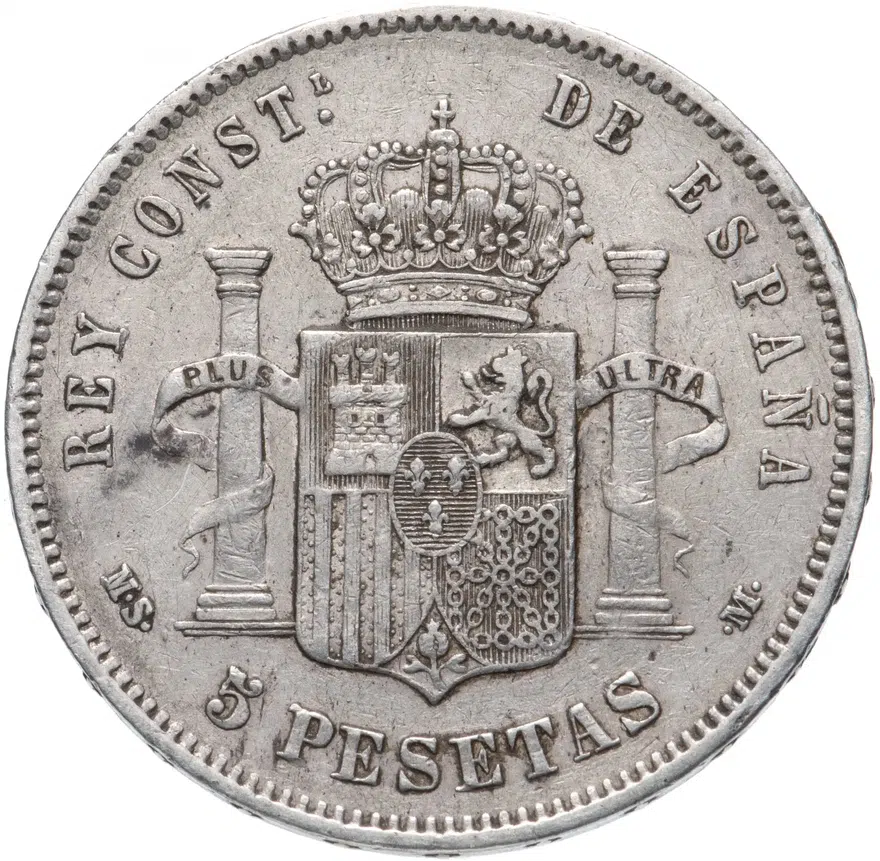 Испания 5 песет (pesetas) 1885, реверс