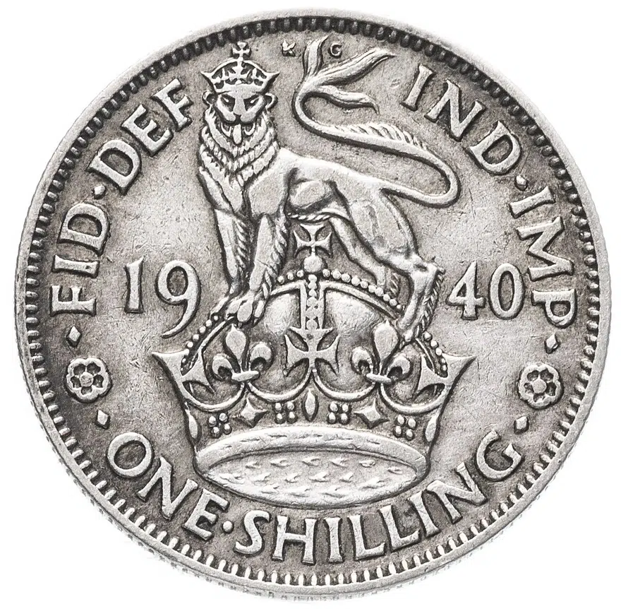 Великобритания 1 шиллинг (shilling) 1940   Английский шиллинг - лев, стоящий на короне, аверс