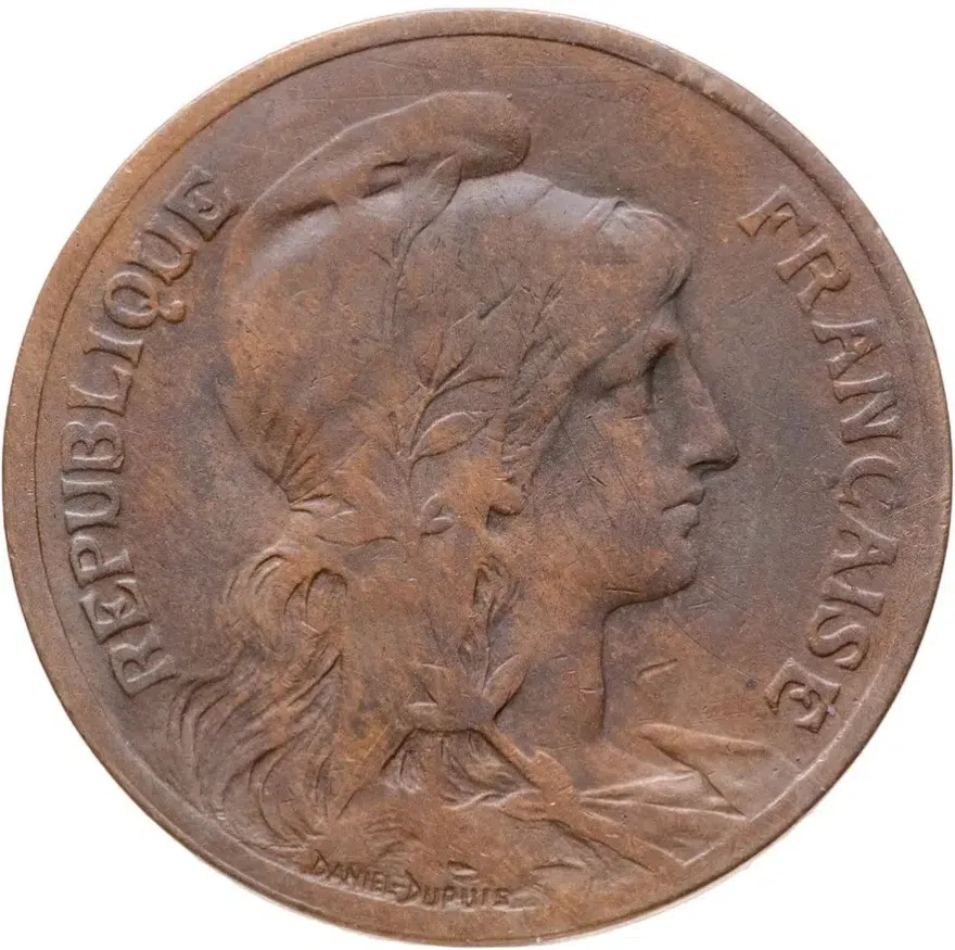 Франция 5 сантимов (centimes) 1898  Женское лицо обращено вправо, аверс