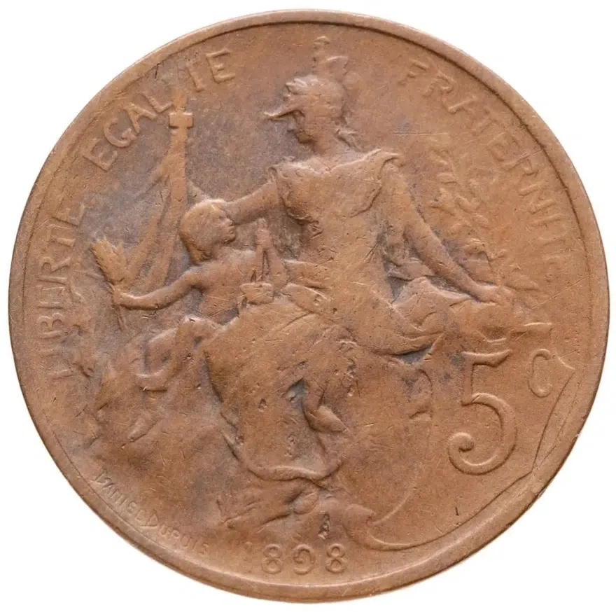 Франция 5 сантимов (centimes) 1898  Женское лицо обращено вправо, реверс