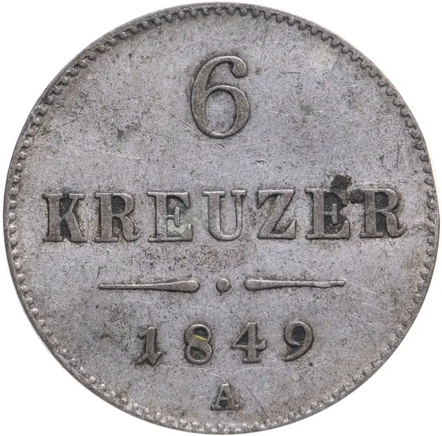 Австрия 6 крейцеров (kreuzer) 1849 A  знак монетного двора "A" - Вена, аверс