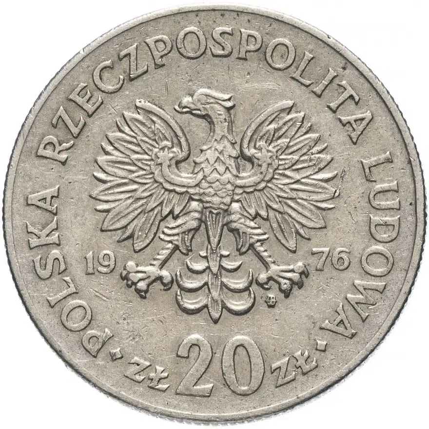 Польша 20 злотых (zlotych) 1976 Марсель Новотко, знак монетного двора "MW", реверс