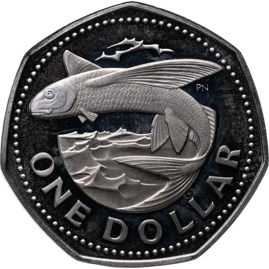 Барбадос 1 доллар (dollar) 1973   обозначение монетного двора "FM" — The Franklin Mint
