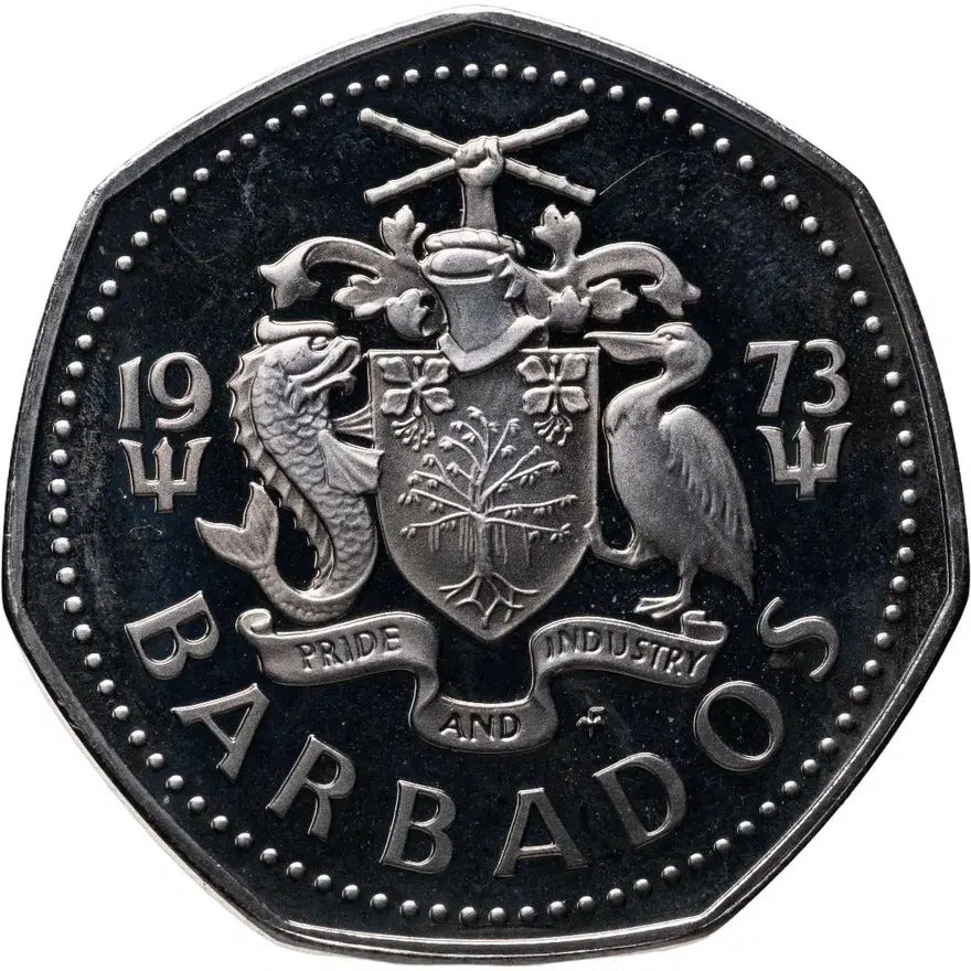Барбадос 1 доллар (dollar) 1973   обозначение монетного двора "FM" — The Franklin Mint, реверс