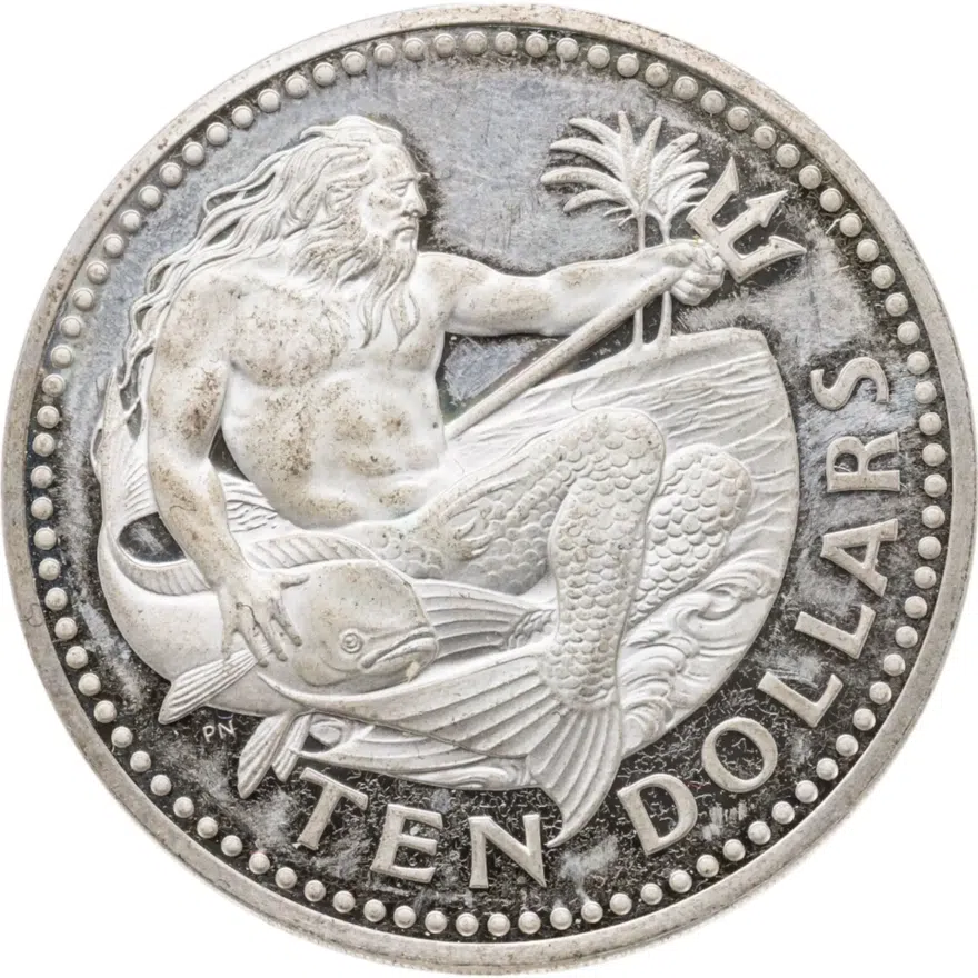 Барбадос 10 долларов (dollars) 1974  Нептун серебро